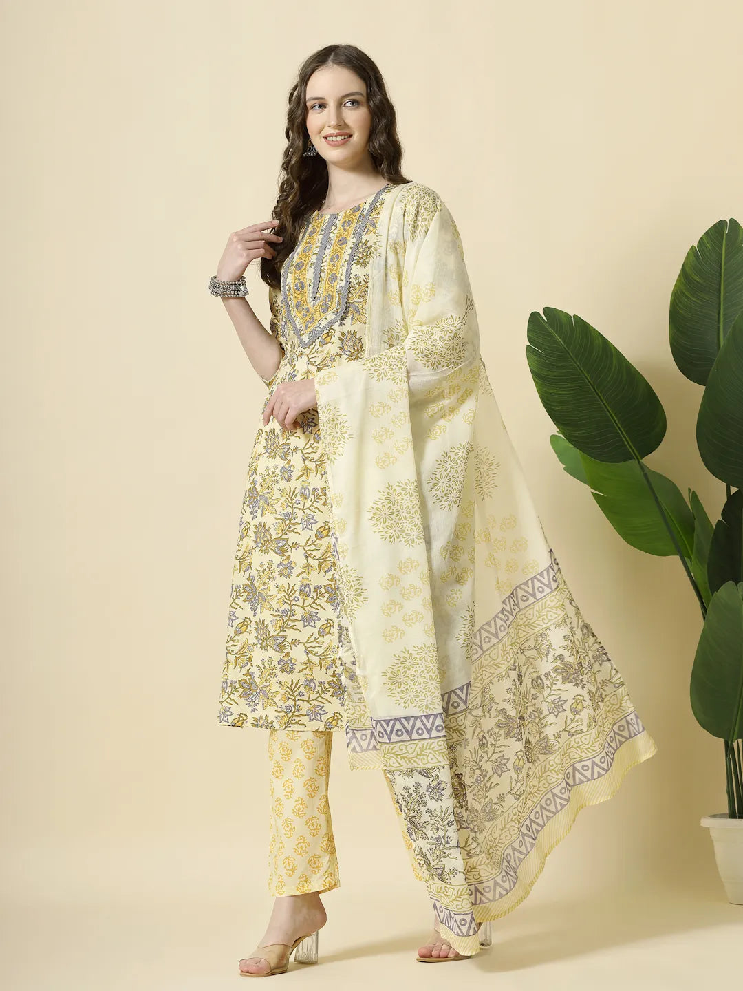 Yufta Cream And Brown Cotton Sequins Work Kurta Set With Pant & Dupatta - Distacart