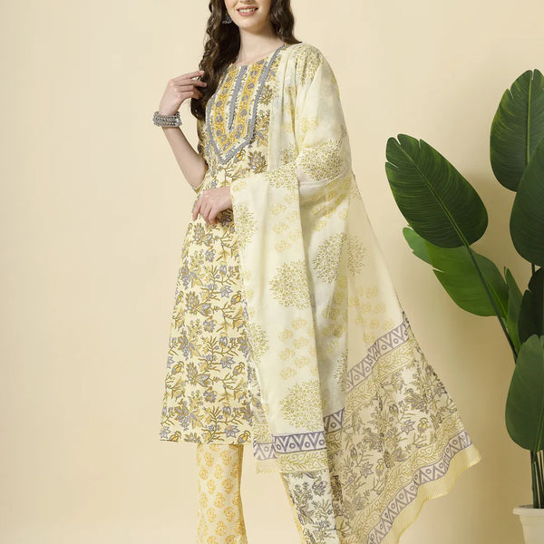 Yufta Cream And Brown Cotton Sequins Work Kurta Set With Pant & Dupatta - Distacart