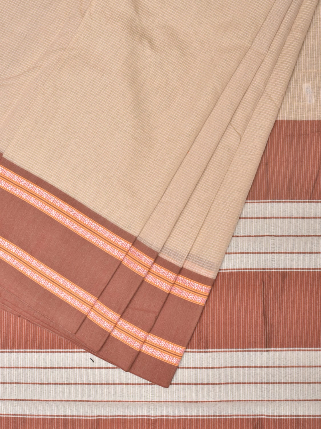 Cream and Fawn Bamboo Cotton Saree with Strips Design No Blouse - Global Threads - Distacart