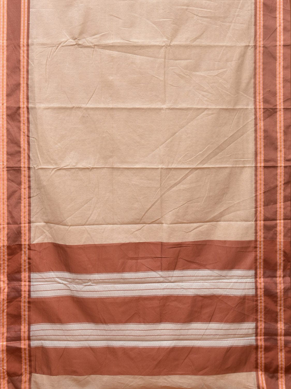 Cream and Fawn Bamboo Cotton Saree with Strips Design No Blouse - Global Threads - Distacart