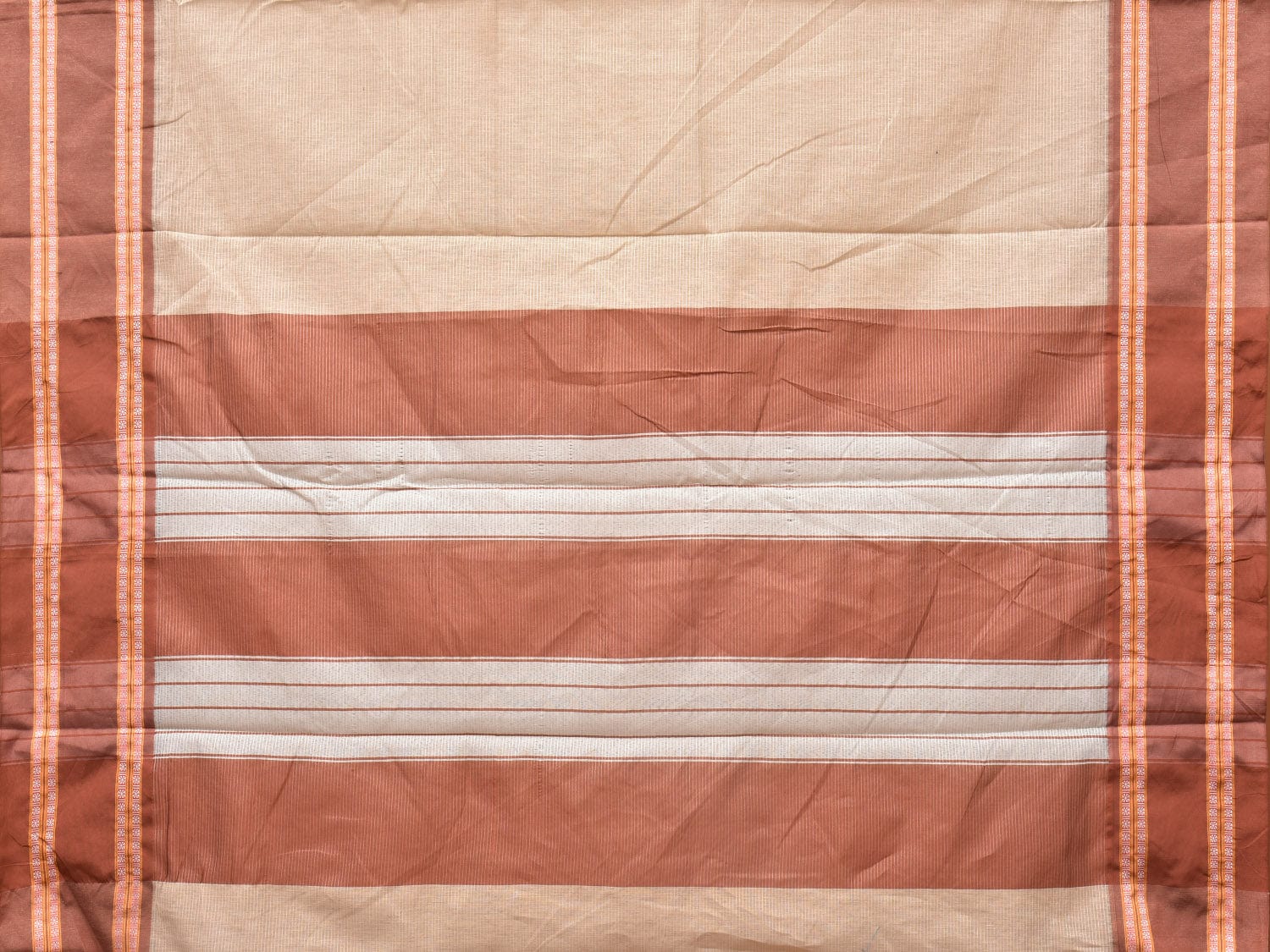 Cream and Fawn Bamboo Cotton Saree with Strips Design No Blouse - Global Threads - Distacart