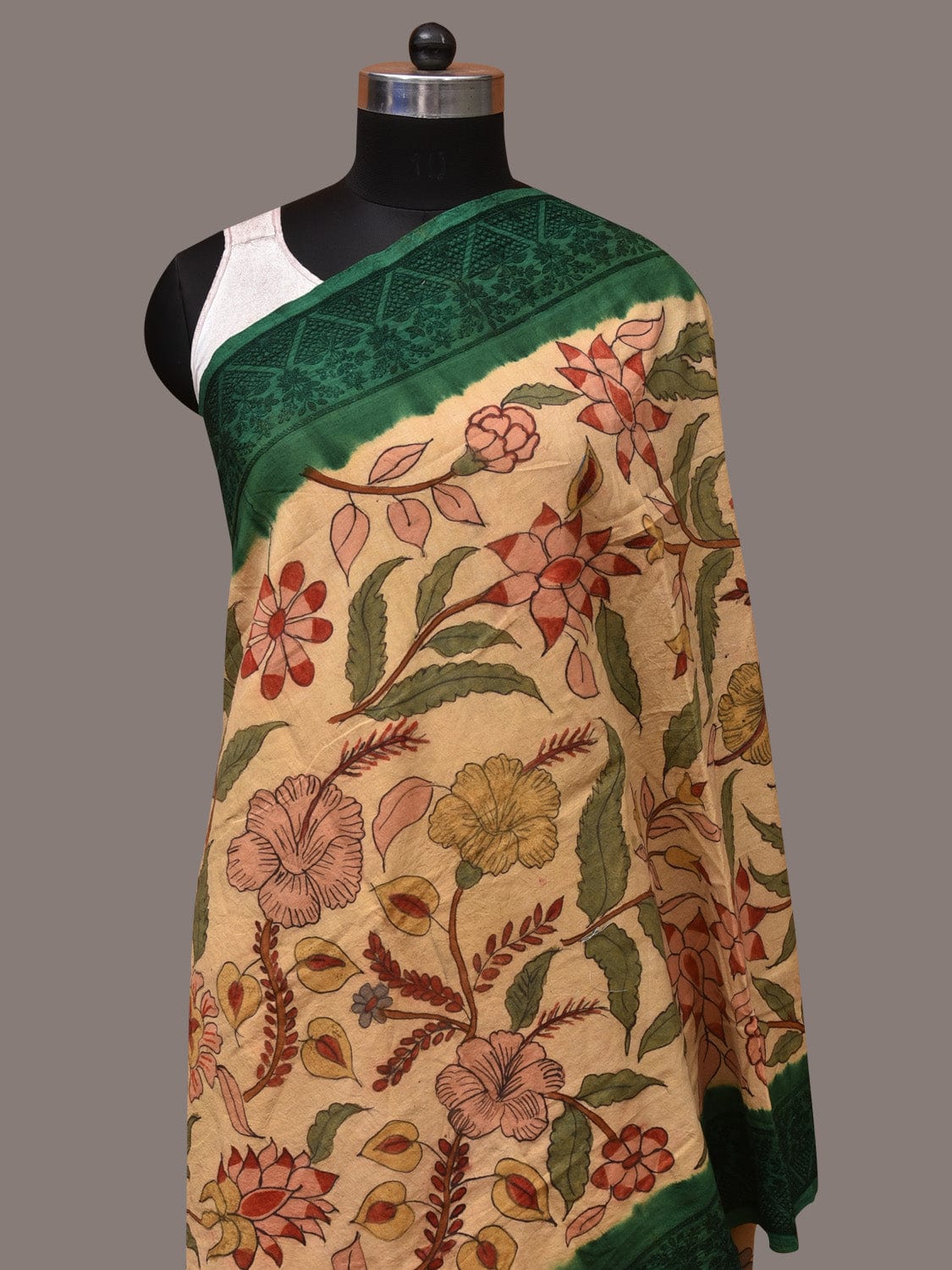 Cream and Green Kalamkari Hand Painted Cotton Silk Handloom Dupatta with Floral and Embroidery Design - Global Threads - Distacart