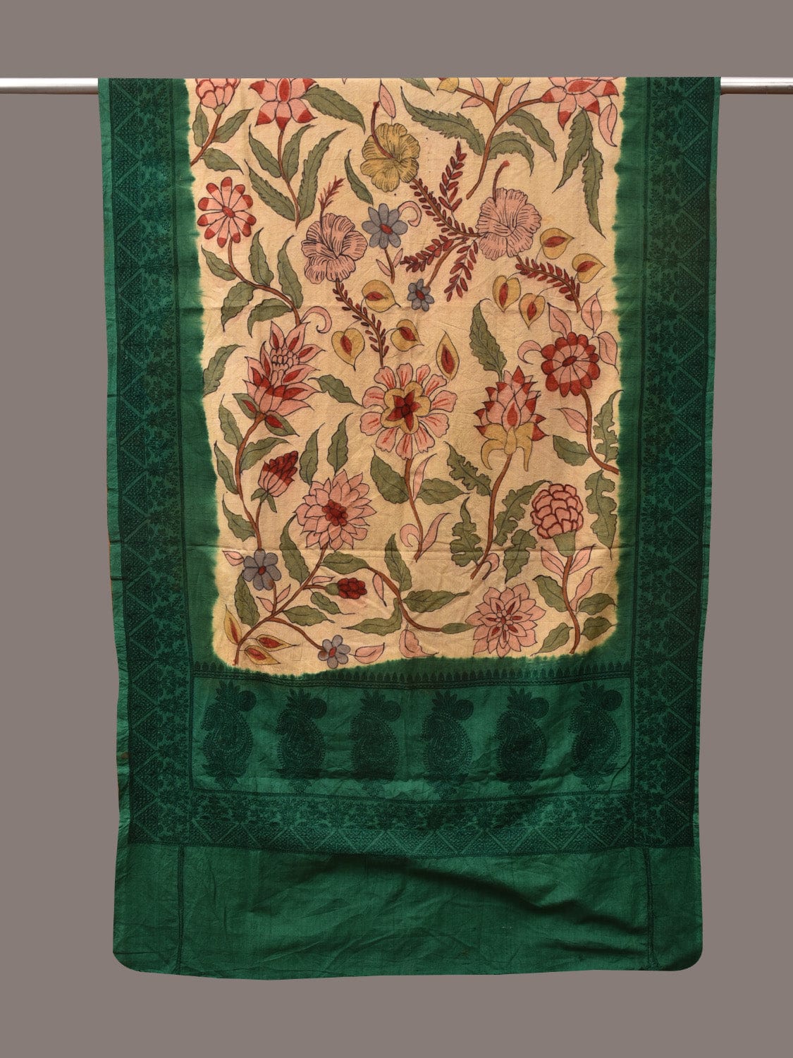 Cream and Green Kalamkari Hand Painted Cotton Silk Handloom Dupatta with Floral and Embroidery Design - Global Threads - Distacart