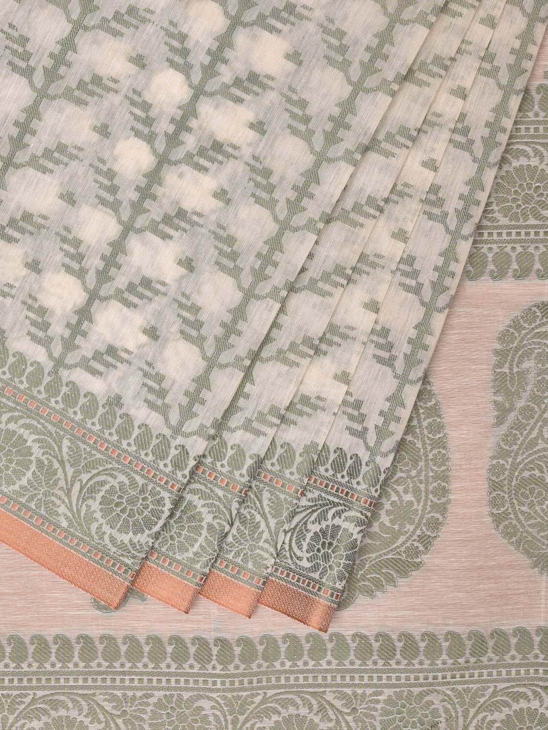 Cream and Light Green Cut Work Sico Cotton Saree with All Over and Border Design - Global Threads - Distacart