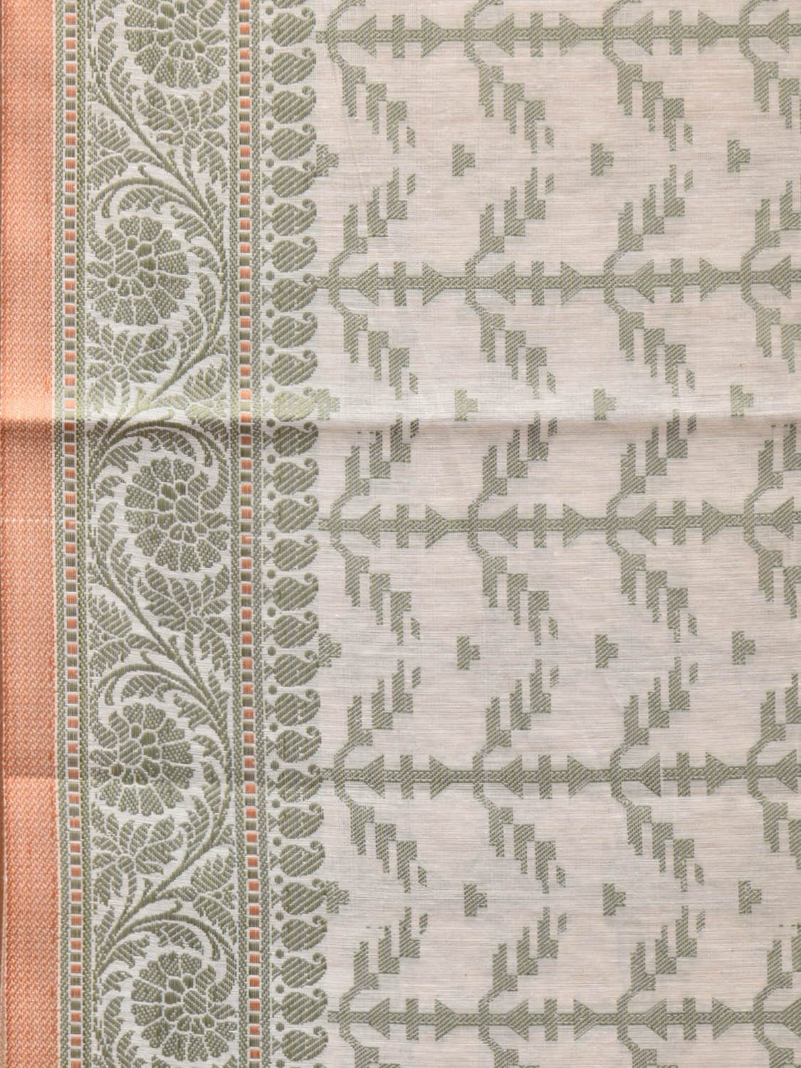 Cream and Light Green Cut Work Sico Cotton Saree with All Over and Border Design - Global Threads - Distacart