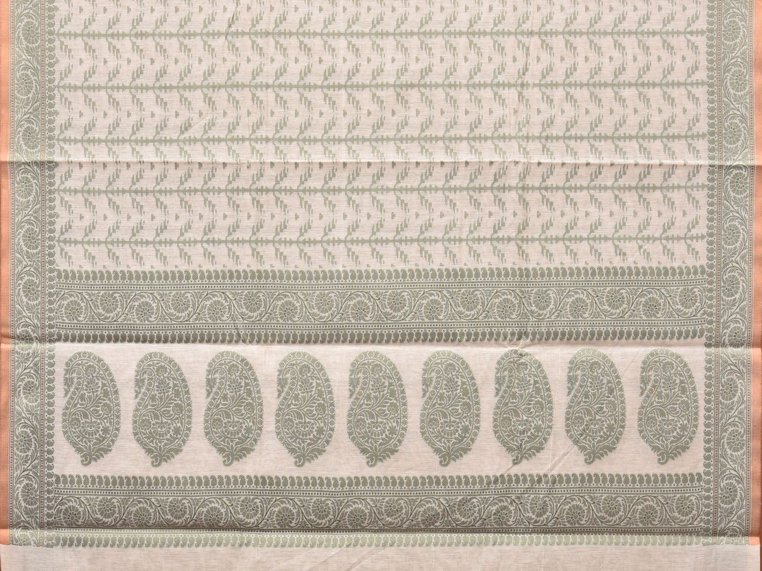 Cream and Light Green Cut Work Sico Cotton Saree with All Over and Border Design - Global Threads - Distacart
