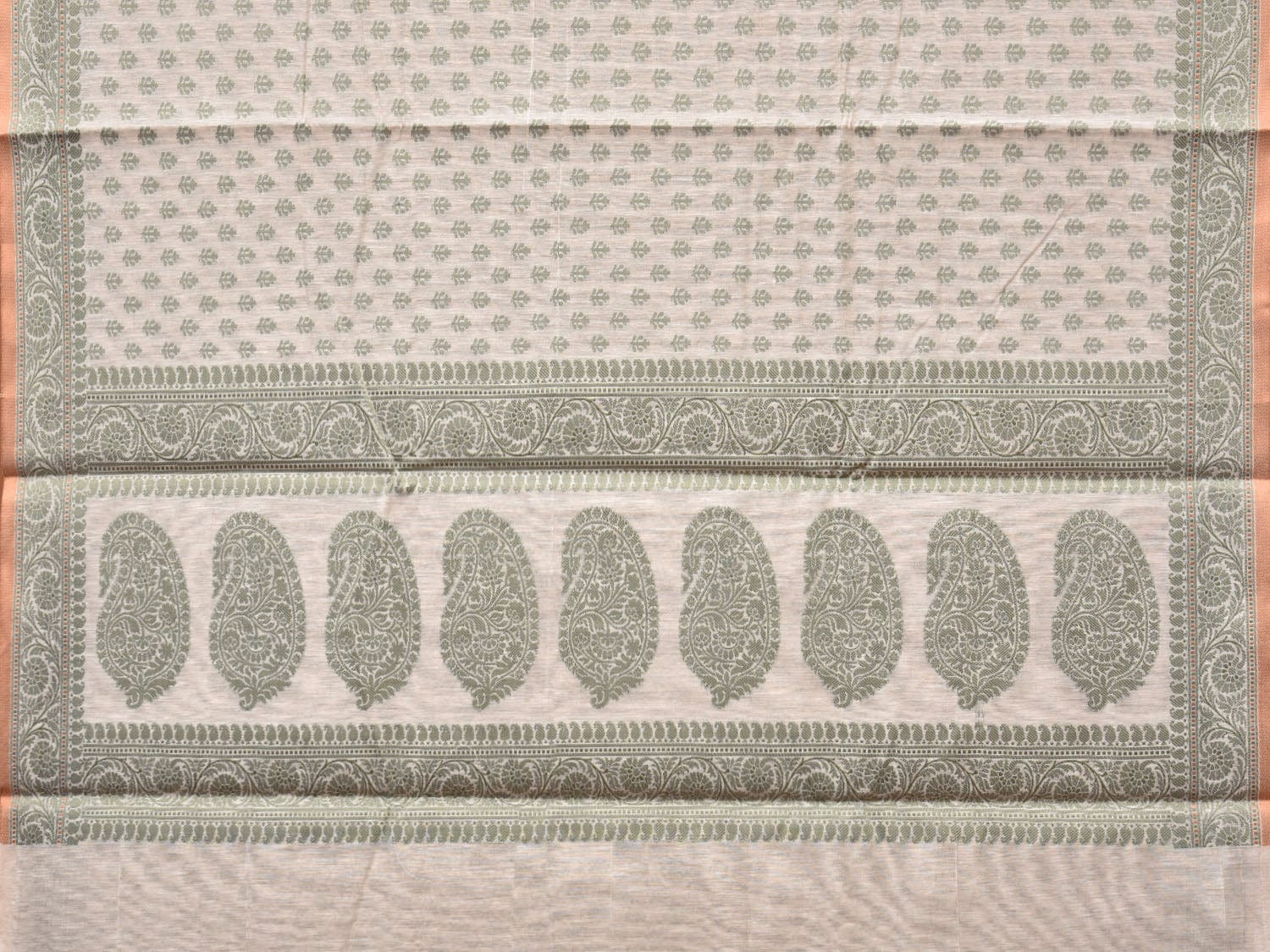 Cream and Light Green Cut Work Sico Cotton Saree with All Over and Border Design - Global Threads - Distacart