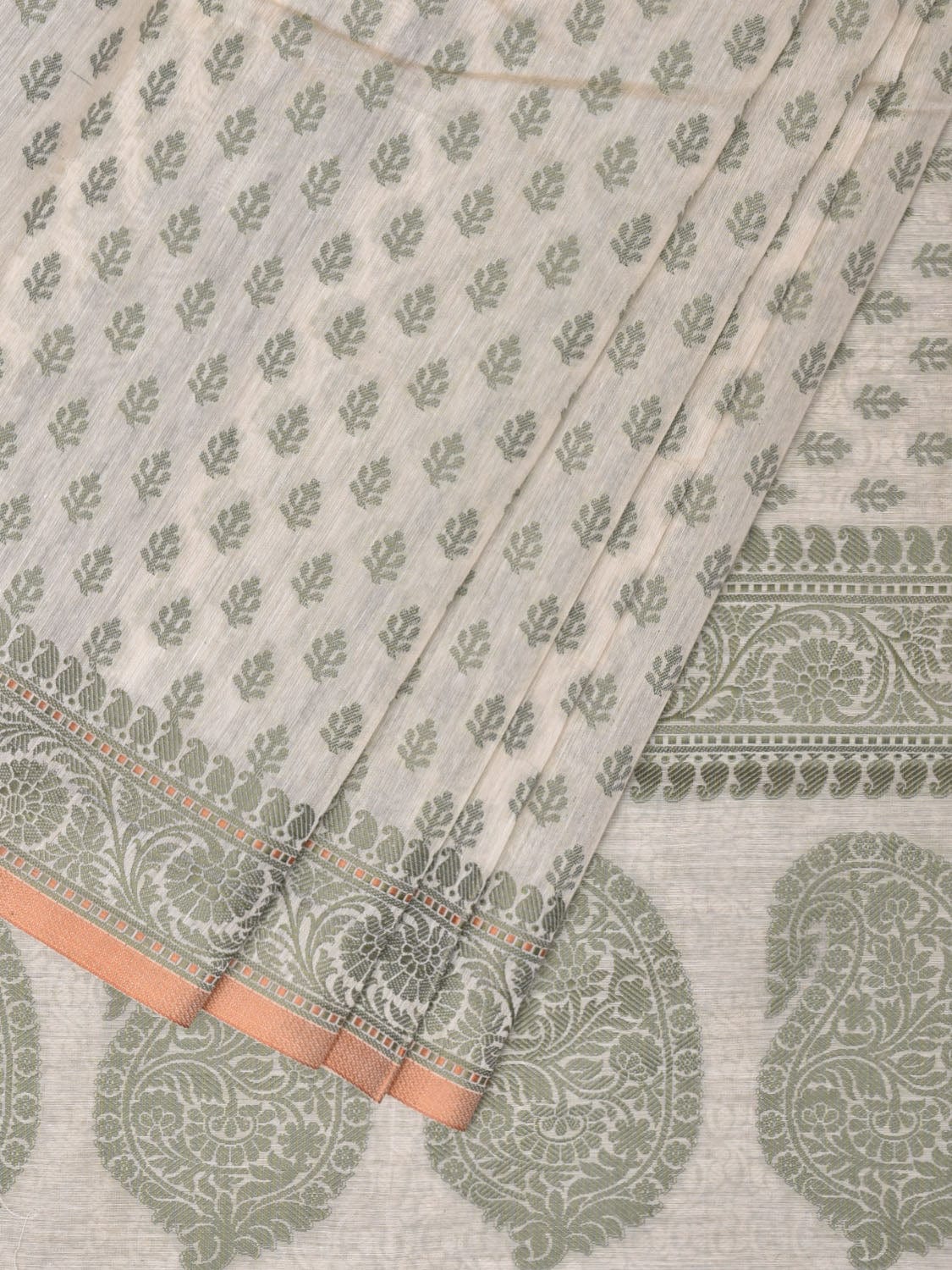 Cream and Light Green Cut Work Sico Cotton Saree with All Over and Border Design - Global Threads - Distacart