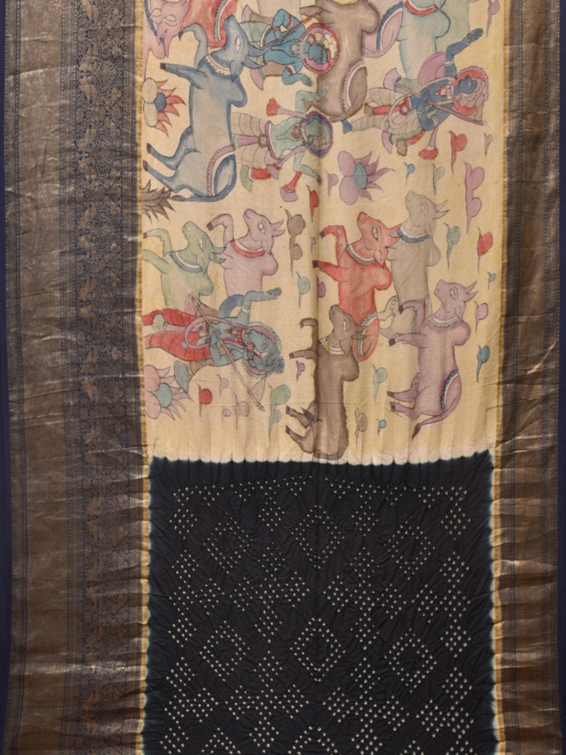 Cream and Navy Bandhani Kanchipuram Silk Handloom Saree with Kalamkari Cows Design - Global Threads - Distacart