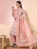 Thumbnail for Yufta Cream And Peach Pure Cotton Yuck Design Kurta Dupatta Set With Pants
