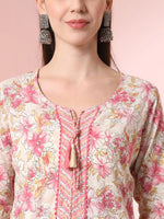 Thumbnail for Yufta Cream And Peach Pure Cotton Yuck Design Kurta Dupatta Set With Pants