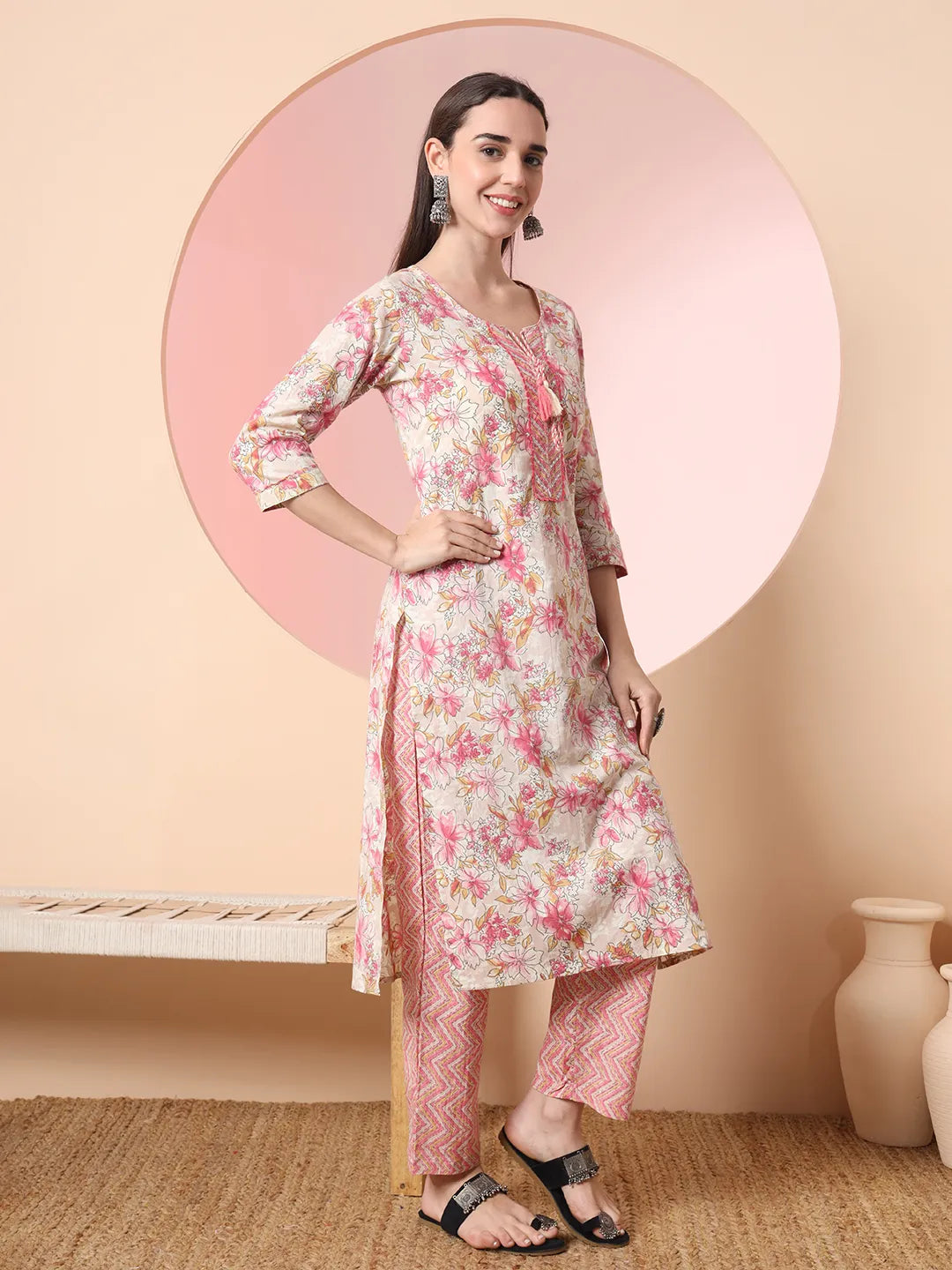 Yufta Cream And Peach Pure Cotton Yuck Design Kurta Dupatta Set With Pants