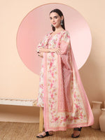 Thumbnail for Yufta Cream And Peach Pure Cotton Yuck Design Kurta Dupatta Set With Pants