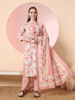 Thumbnail for Yufta Cream And Peach Pure Cotton Yuck Design Kurta Dupatta Set With Pants