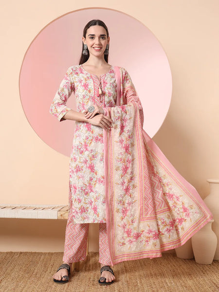 Yufta Cream And Peach Pure Cotton Yuck Design Kurta Dupatta Set With Pants