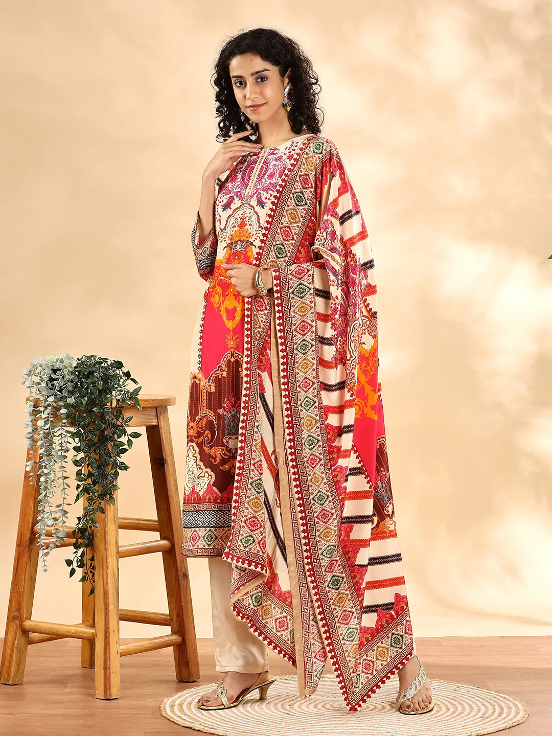 Yufta Cream And Pink Silk Crepe Sequins Work Straight Kurta Dupatta Pant Set - Distacart