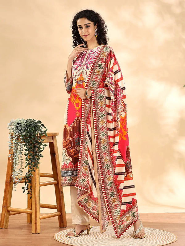Yufta Cream And Pink Silk Crepe Sequins Work Straight Kurta Dupatta Pant Set