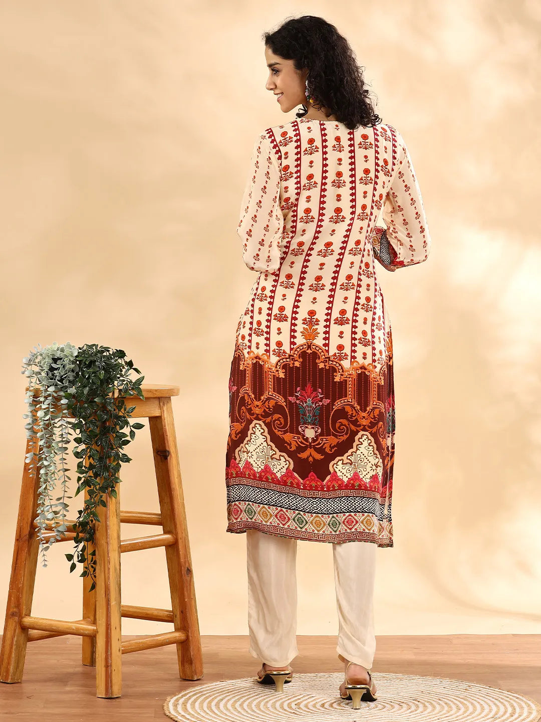 Yufta Cream And Pink Silk Crepe Sequins Work Straight Kurta Dupatta Pant Set