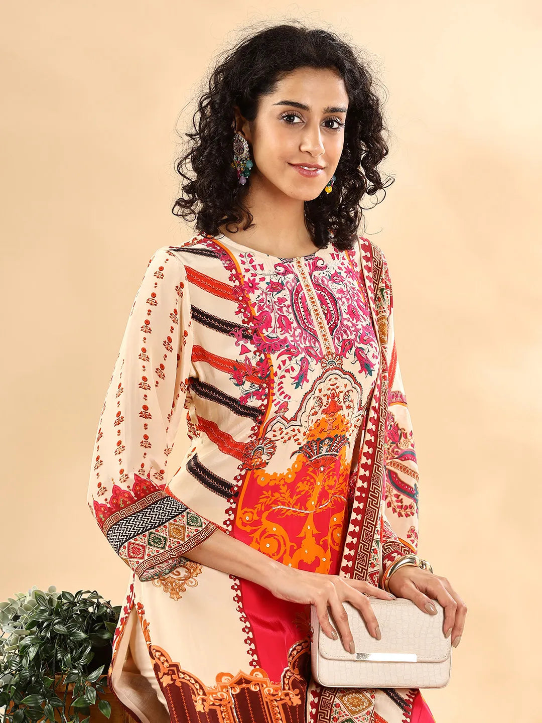 Yufta Cream And Pink Silk Crepe Sequins Work Straight Kurta Dupatta Pant Set