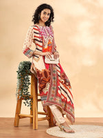 Thumbnail for Yufta Cream And Pink Silk Crepe Sequins Work Straight Kurta Dupatta Pant Set