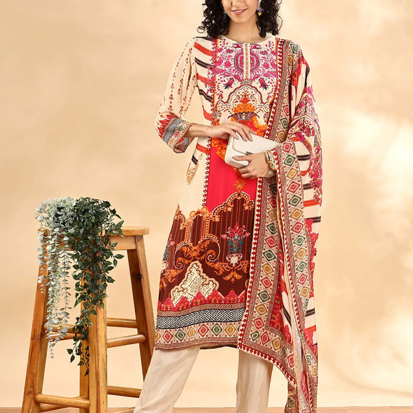 Yufta Cream And Pink Silk Crepe Sequins Work Straight Kurta Dupatta Pant Set - Distacart