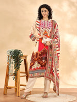 Thumbnail for Yufta Cream And Pink Silk Crepe Sequins Work Straight Kurta Dupatta Pant Set