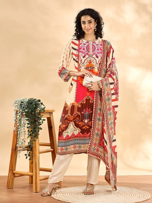 Yufta Cream And Pink Silk Crepe Sequins Work Straight Kurta Dupatta Pant Set