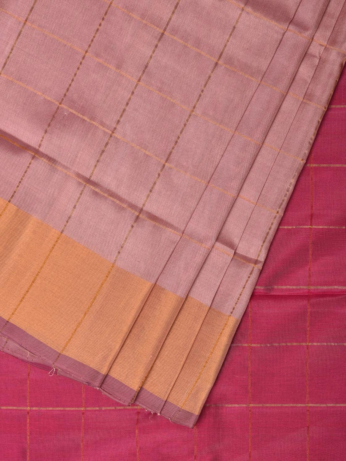 Cream and Pink Uppada Silk Handloom Saree with Checks and Contrast Pallu Design - Global Threads - Distacart