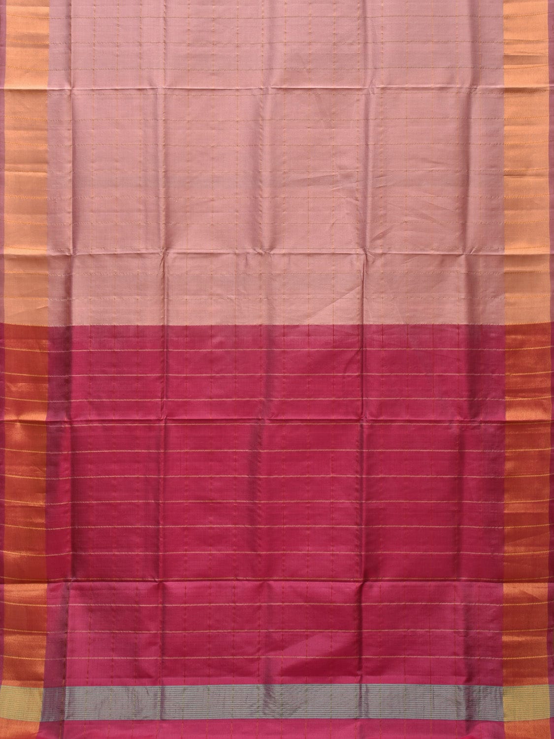 Cream and Pink Uppada Silk Handloom Saree with Checks and Contrast Pallu Design - Global Threads - Distacart