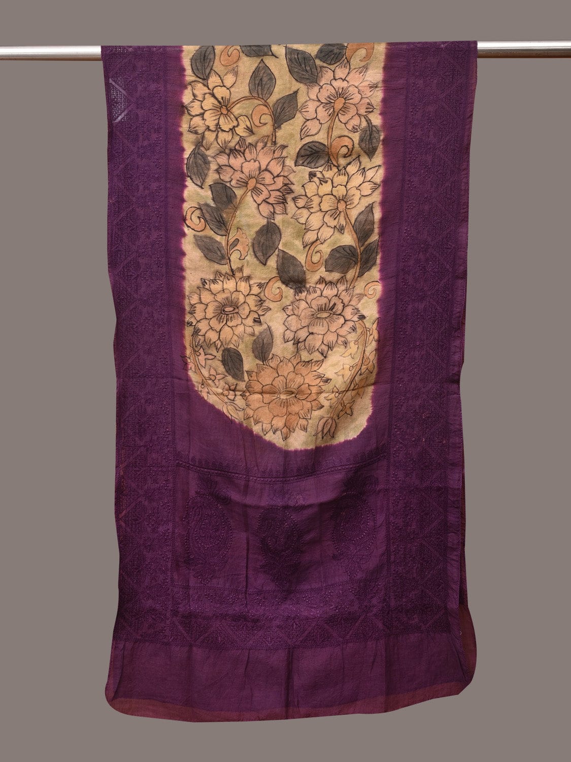 Cream and Purple Kalamkari Hand Painted Sico Stole with Floral and Embroidery Design - Global Threads - Distacart