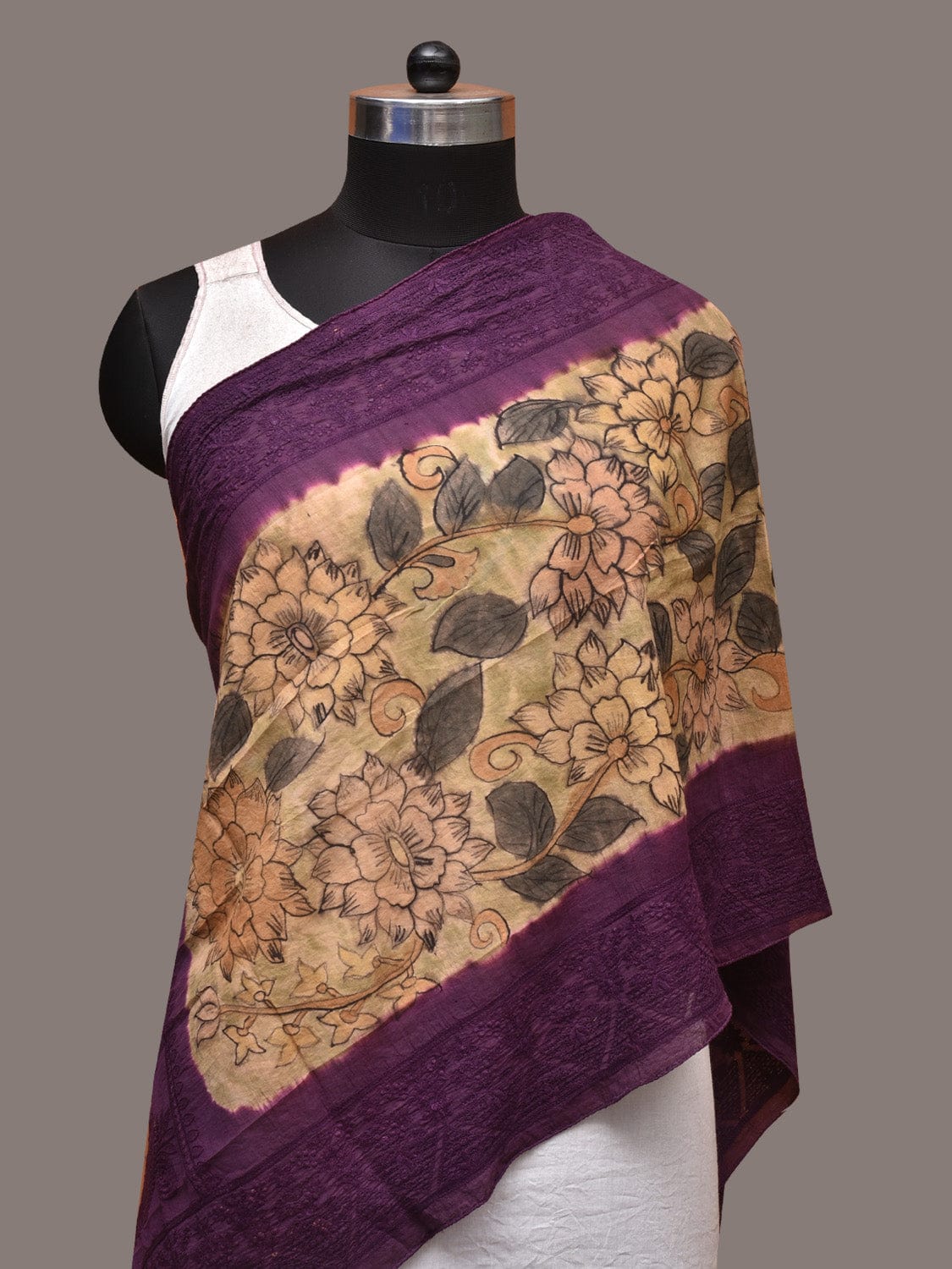 Cream and Purple Kalamkari Hand Painted Sico Stole with Floral and Embroidery Design - Global Threads - Distacart