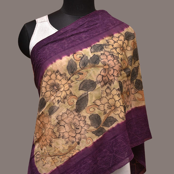 Cream and Purple Kalamkari Hand Painted Sico Stole with Floral and Embroidery Design - Global Threads - Distacart