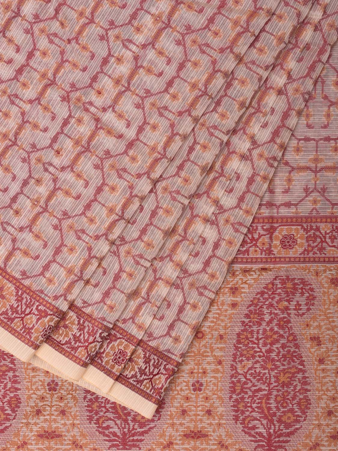 Cream and Red Cut Work Sico Cotton Saree with All Over and Border Design - Global Threads - Distacart