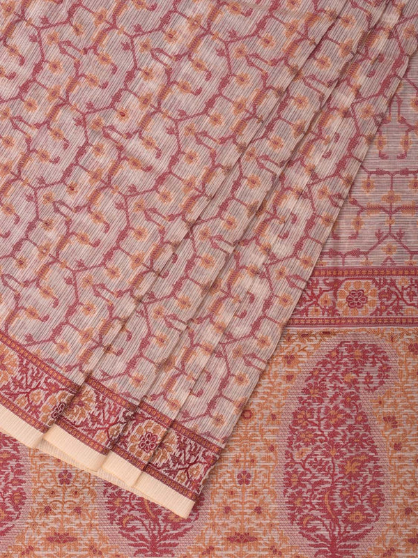 Cream and Red Cut Work Sico Cotton Saree with All Over and Border Design - Global Threads - Distacart