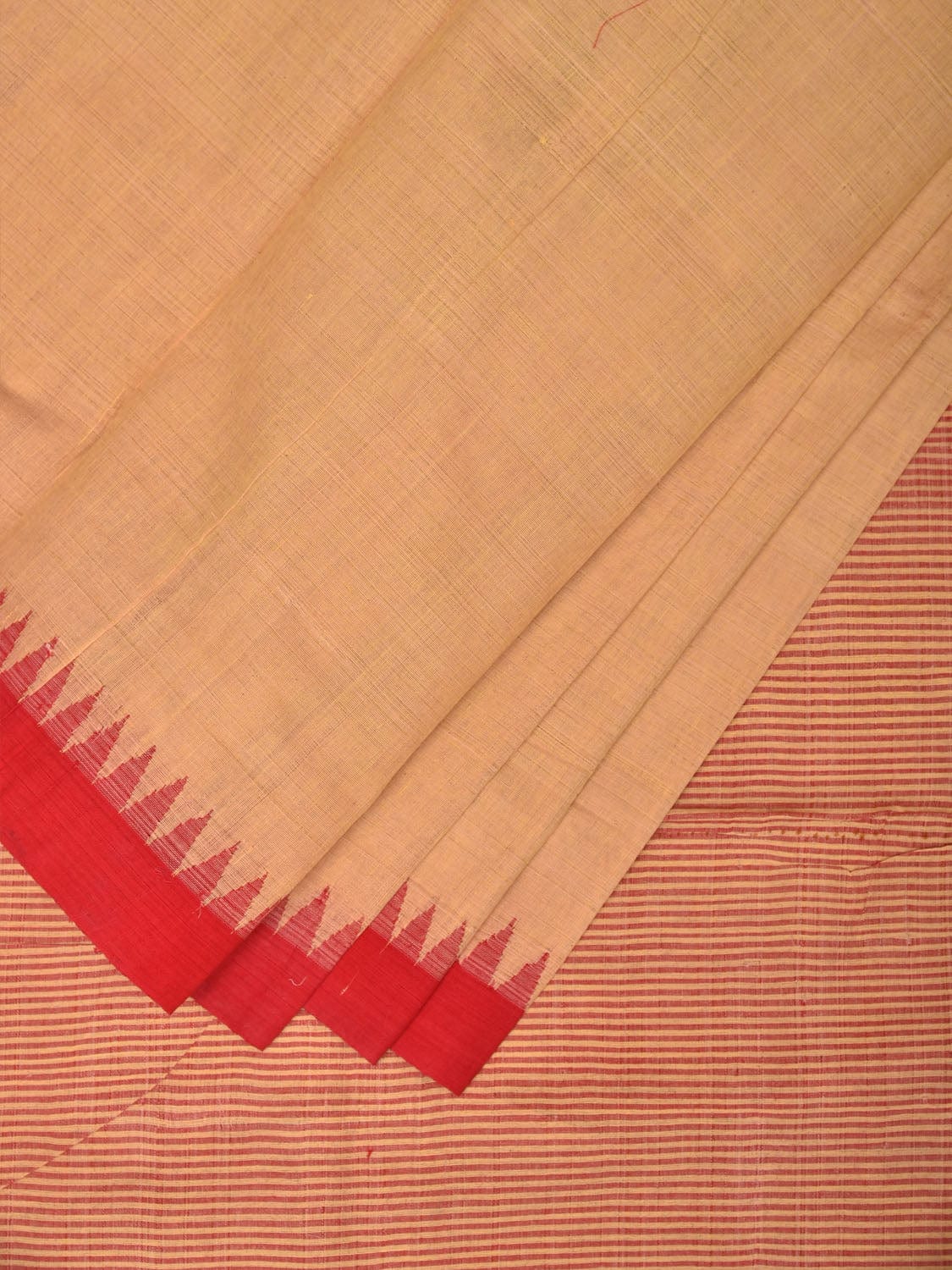 Cream and Red Khadi Cotton Handloom Saree Plain Saree with Strips Pallu Design - Global Threads - Distacart
