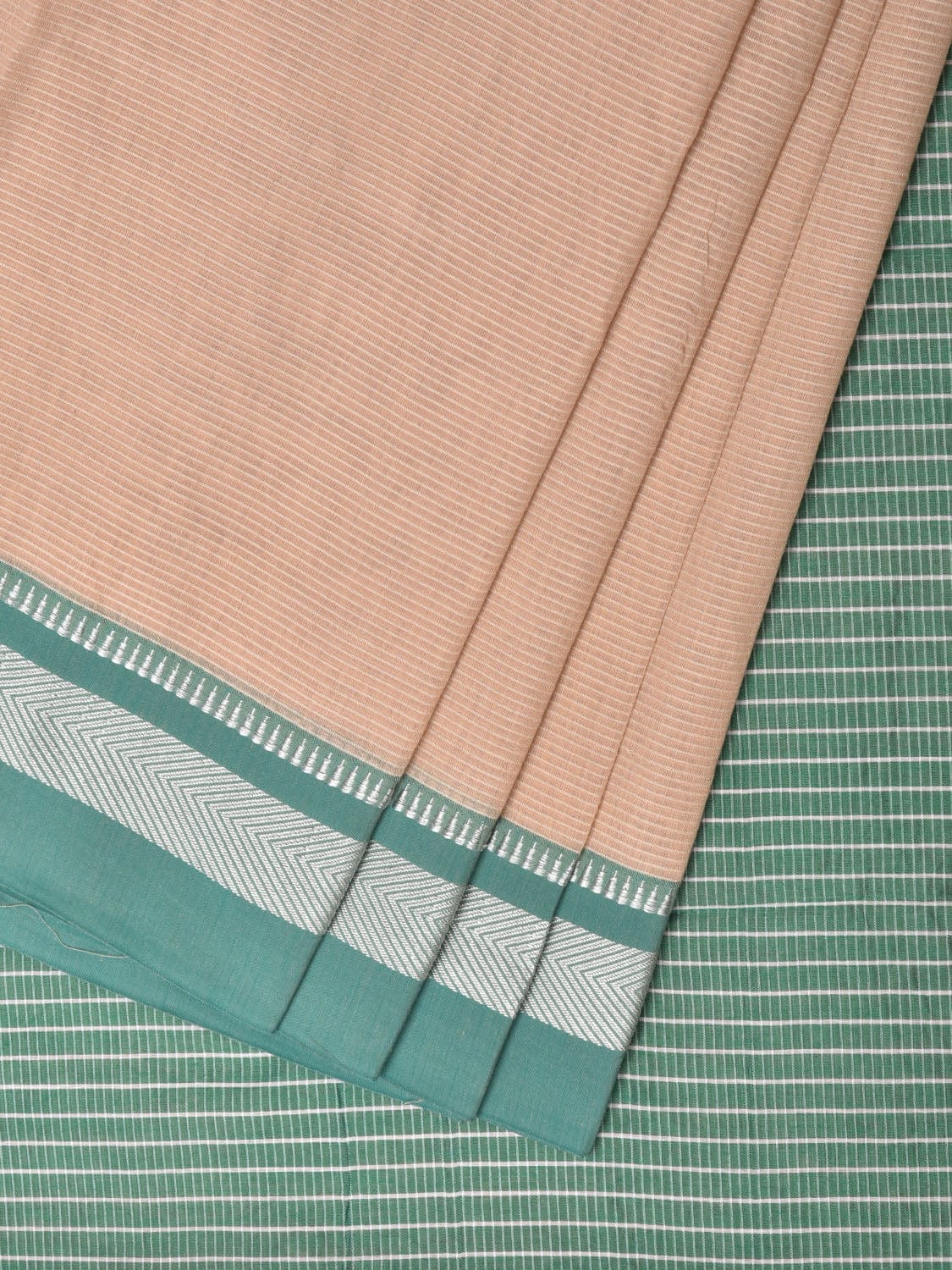 Cream and Turquoise Bamboo Cotton Saree with Strips Design No Blouse - Global Threads - Distacart