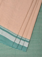 Thumbnail for Cream and Turquoise Bamboo Cotton Saree with Strips Design No Blouse - Global Threads - Distacart