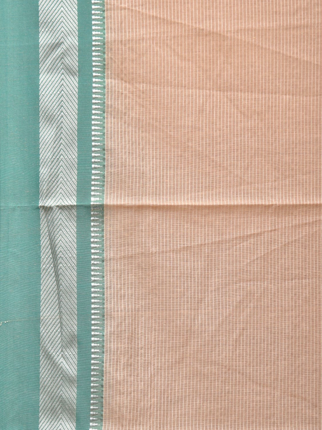 Cream and Turquoise Bamboo Cotton Saree with Strips Design No Blouse - Global Threads - Distacart