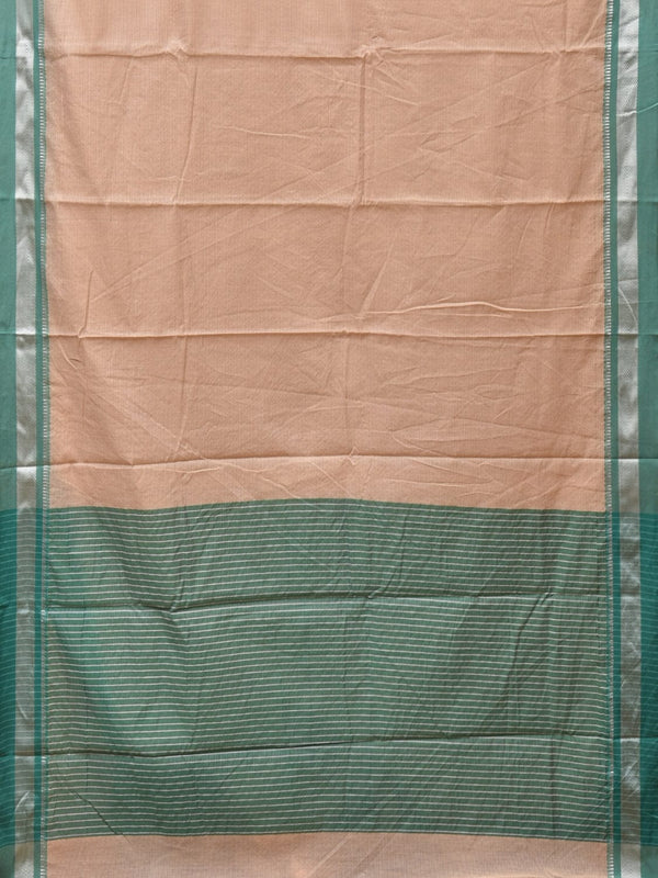 Cream and Turquoise Bamboo Cotton Saree with Strips Design No Blouse - Global Threads - Distacart