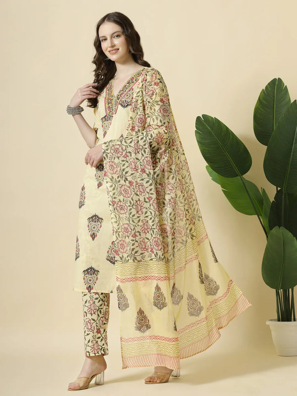 Yufta Cream Cotton Cutdana Work Kurta Set With Pant & Dupatta