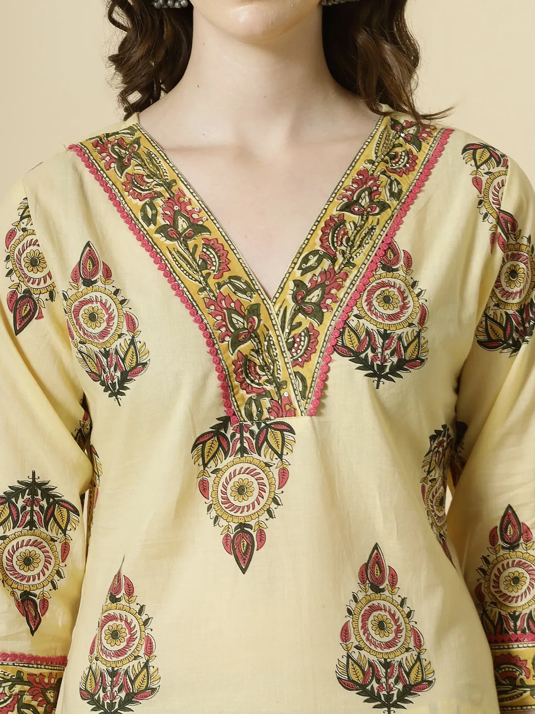 Yufta Cream Cotton Cutdana Work Kurta Set With Pant & Dupatta