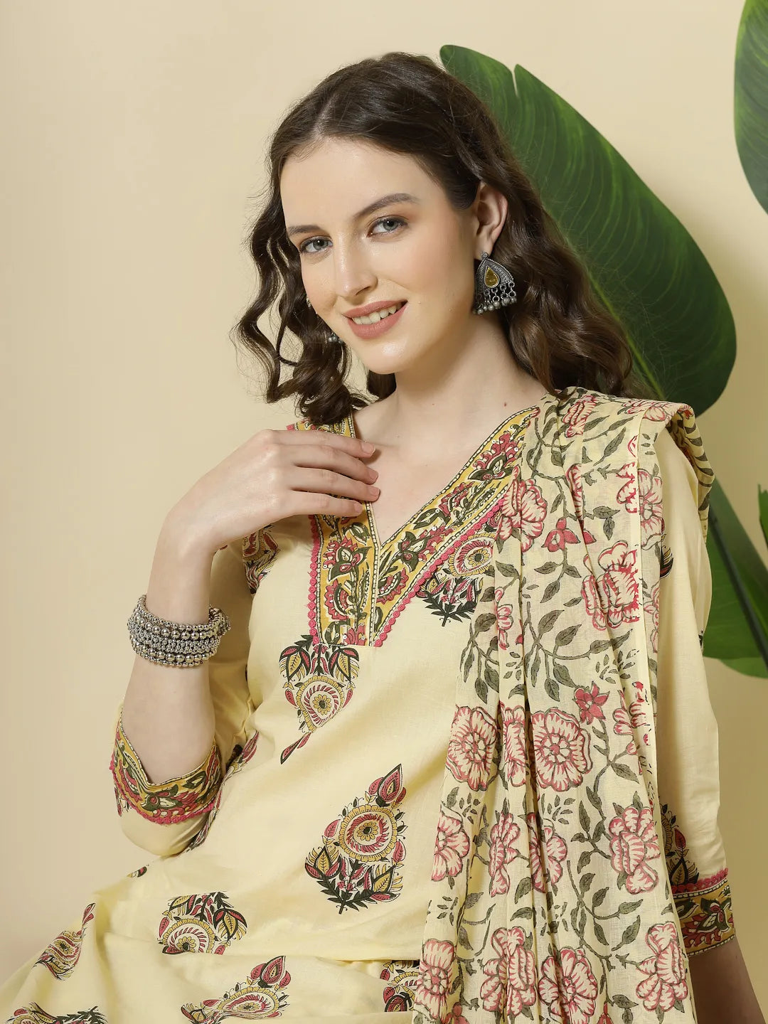 Yufta Cream Cotton Cutdana Work Kurta Set With Pant & Dupatta