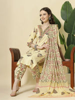 Thumbnail for Yufta Cream Cotton Cutdana Work Kurta Set With Pant & Dupatta