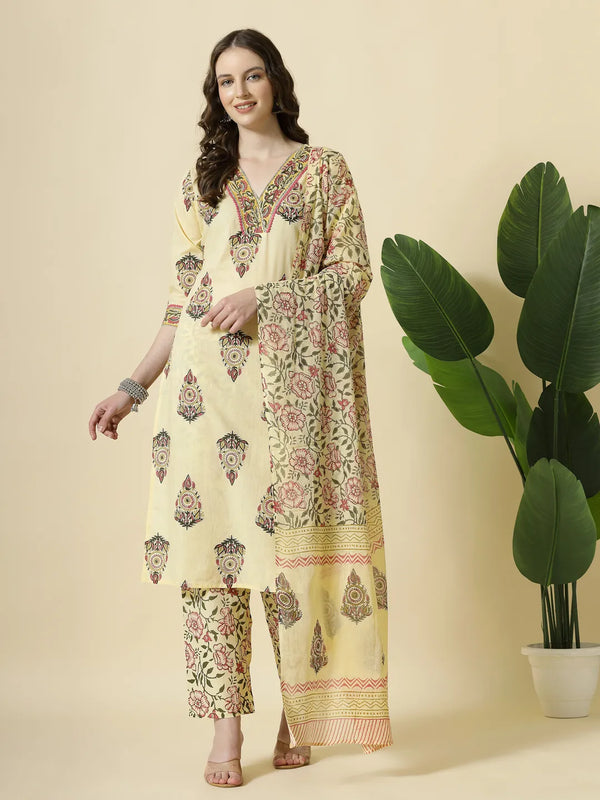 Yufta Cream Cotton Cutdana Work Kurta Set With Pant & Dupatta