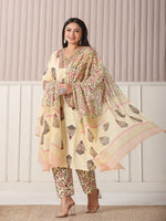 Thumbnail for Yufta Cream Cotton Cutdana Work Plus Size Kurta Set With Pant & Dupatta