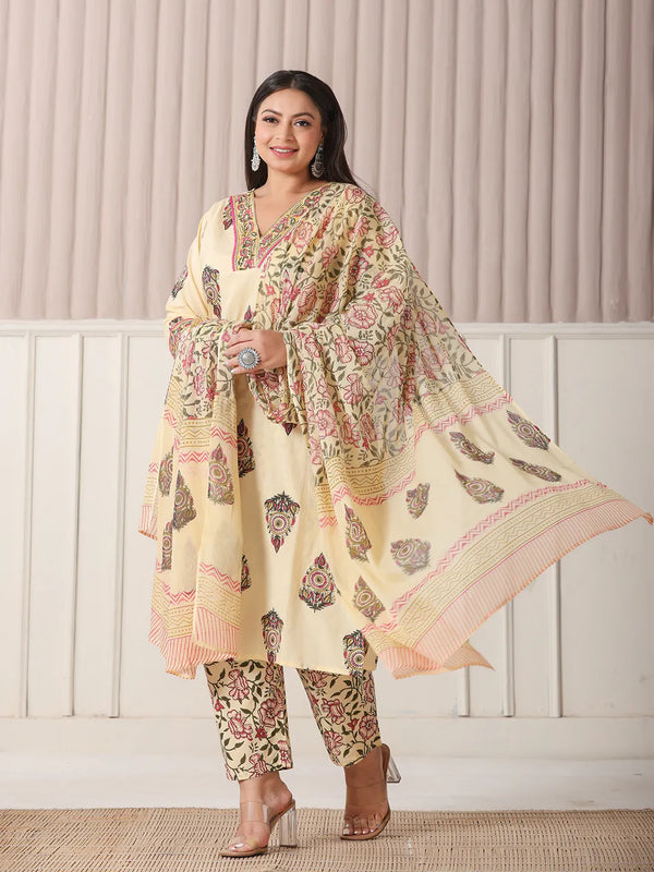 Yufta Cream Cotton Cutdana Work Plus Size Kurta Set With Pant & Dupatta