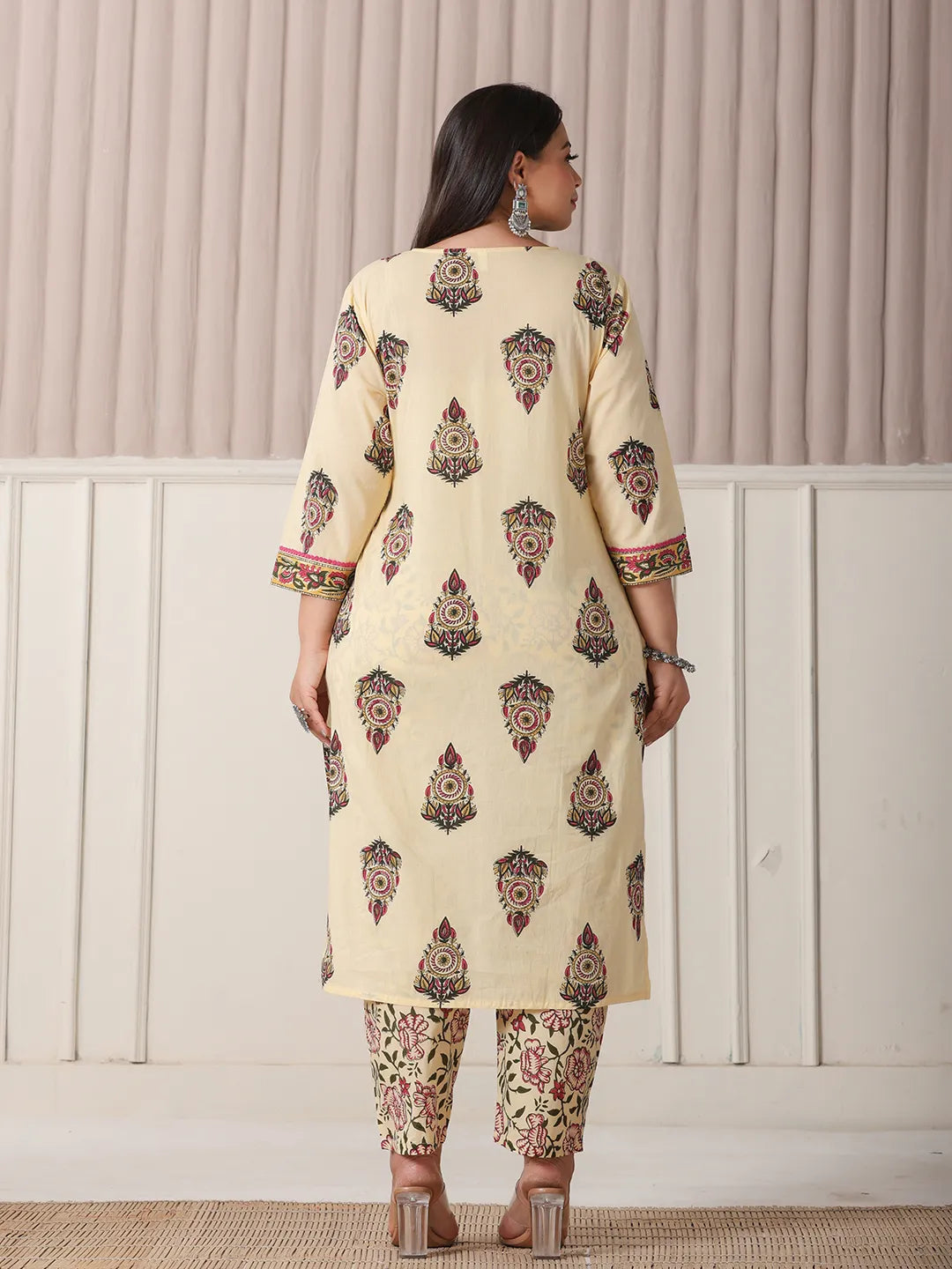 Yufta Cream Cotton Cutdana Work Plus Size Kurta Set With Pant & Dupatta