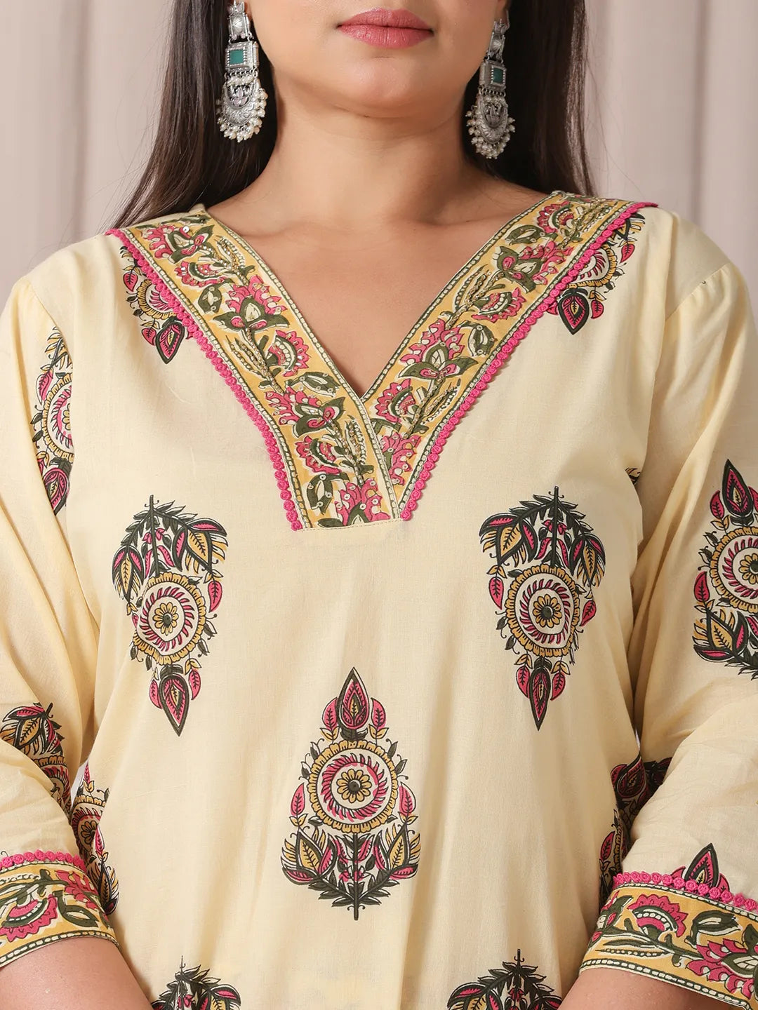 Yufta Cream Cotton Cutdana Work Plus Size Kurta Set With Pant & Dupatta