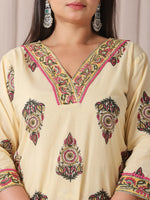 Thumbnail for Yufta Cream Cotton Cutdana Work Plus Size Kurta Set With Pant & Dupatta