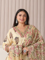 Thumbnail for Yufta Cream Cotton Cutdana Work Plus Size Kurta Set With Pant & Dupatta